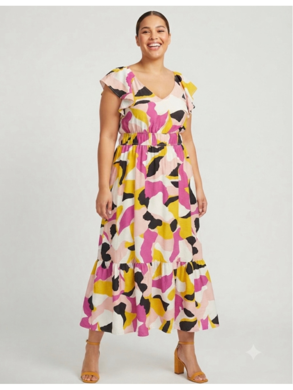 Nine West Abstract Print Ruffle Maxi Dress Multicolor Size XXL